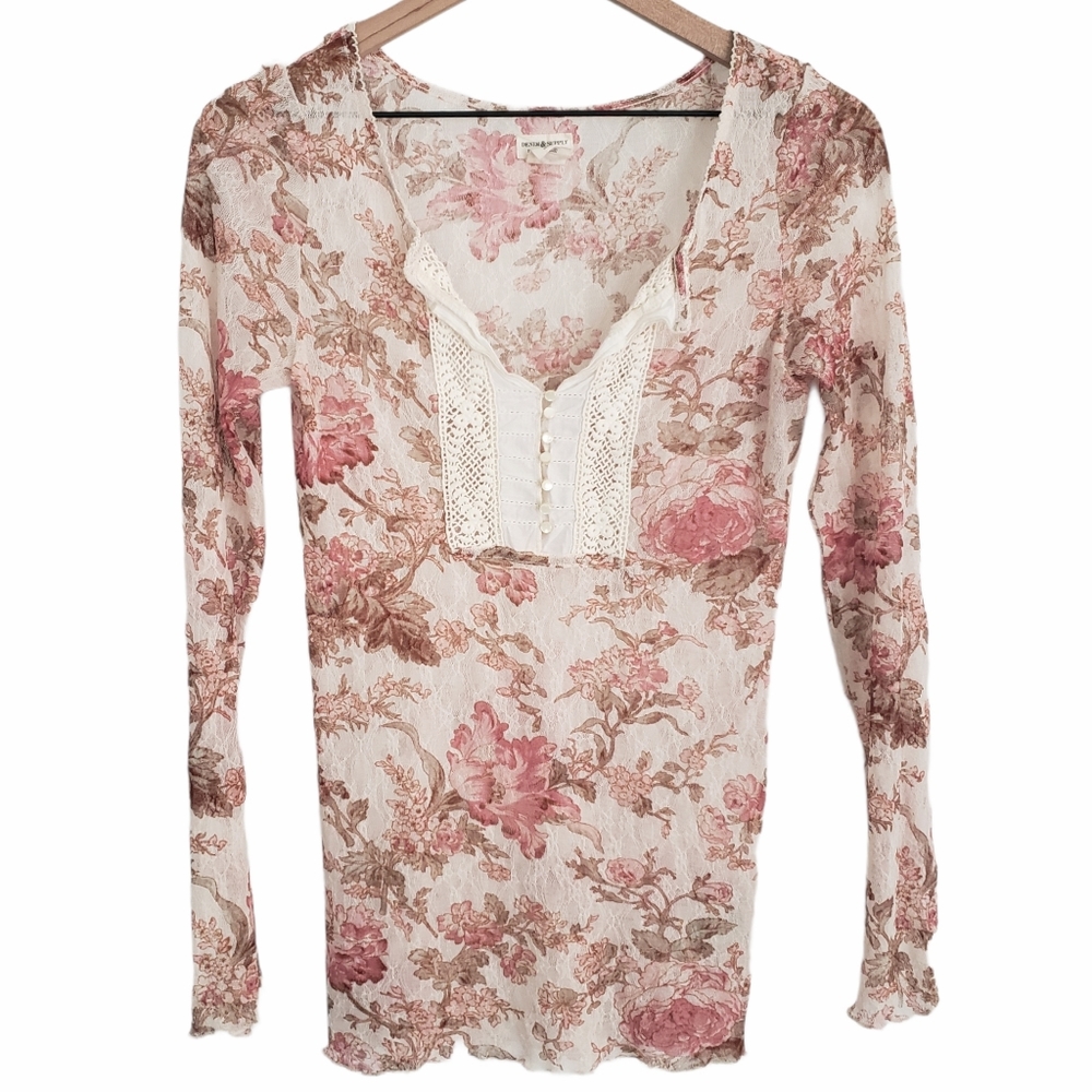 Y2K Denim and Supply Ralph Lauren Lace and Mesh Floral Long Sleeve Top Size M